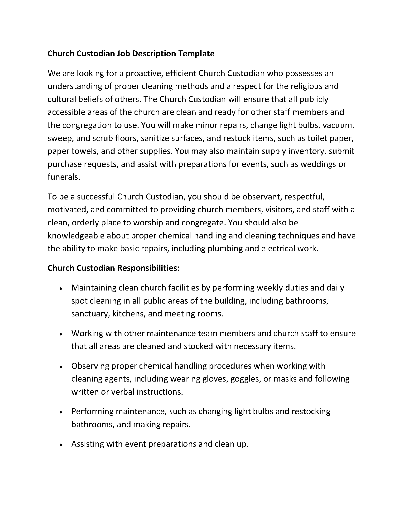 Church Custodian Job Description Template